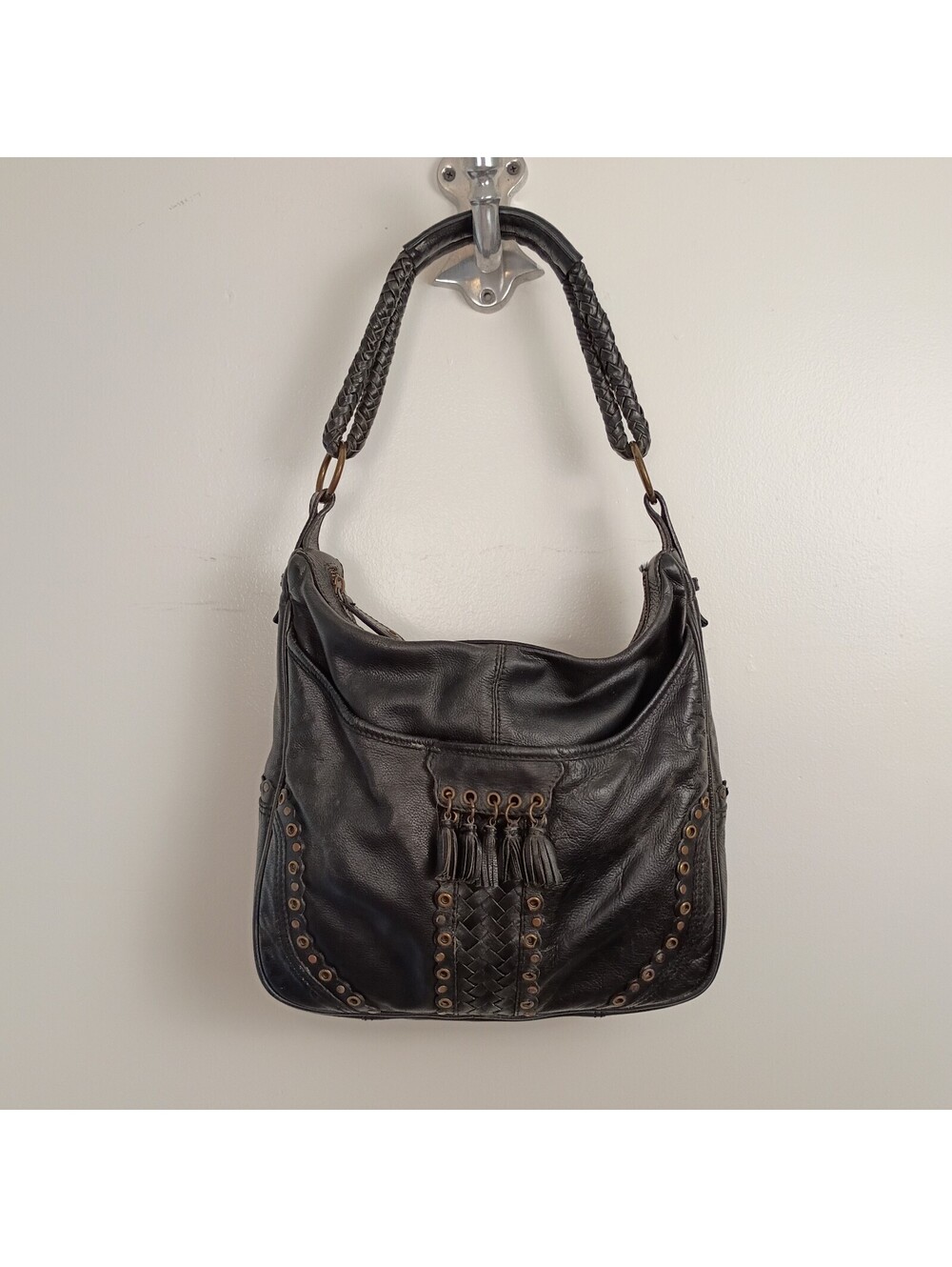 VTG Wilson's Leather Black Leather Purse Tote Satchel Shoulder Bag Tassels Woven